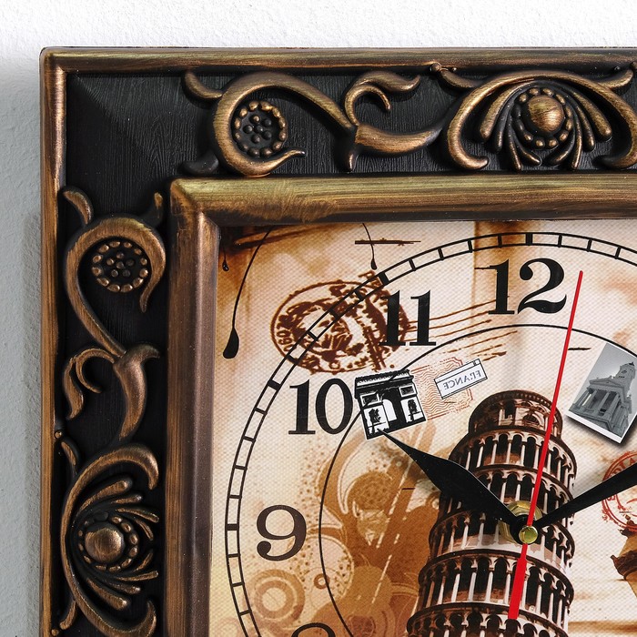 Часы настенные серия Ретро, квадрат, рама чёрная+медь d=30см