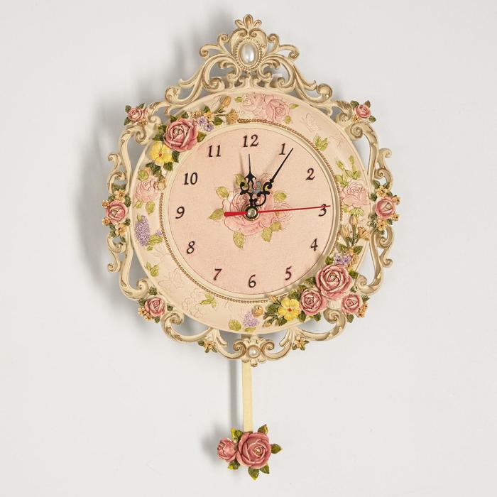 Часы настенные, серия Маятник «Розы», круглые, белые, 21х24 см
