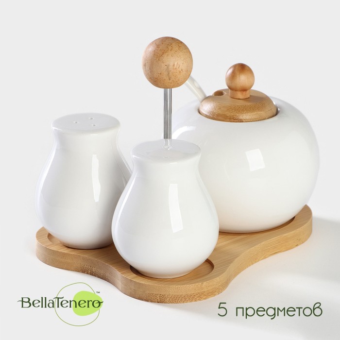 Набор для специй "Эстет", 3 предметы: солонка, перечница, сахарница с ложкой, на деревянной подставке