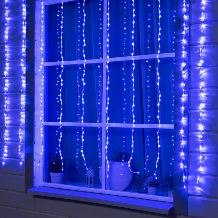 

Гирлянда «Водопад» 2 × 1.5 м, IP44, прозрачная нить, 400 LED, свечение синее, 8 комбинаций режимов, 220 В