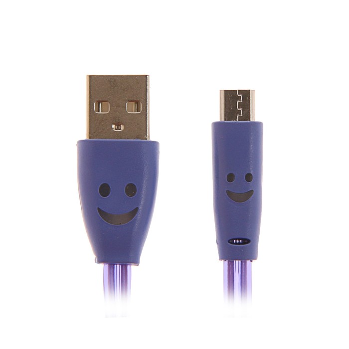 Кабель BLAST BMC-511, USB2.0-microUSB, 1 м, разъемы и провод с подсветкой,голубой (смайлик)