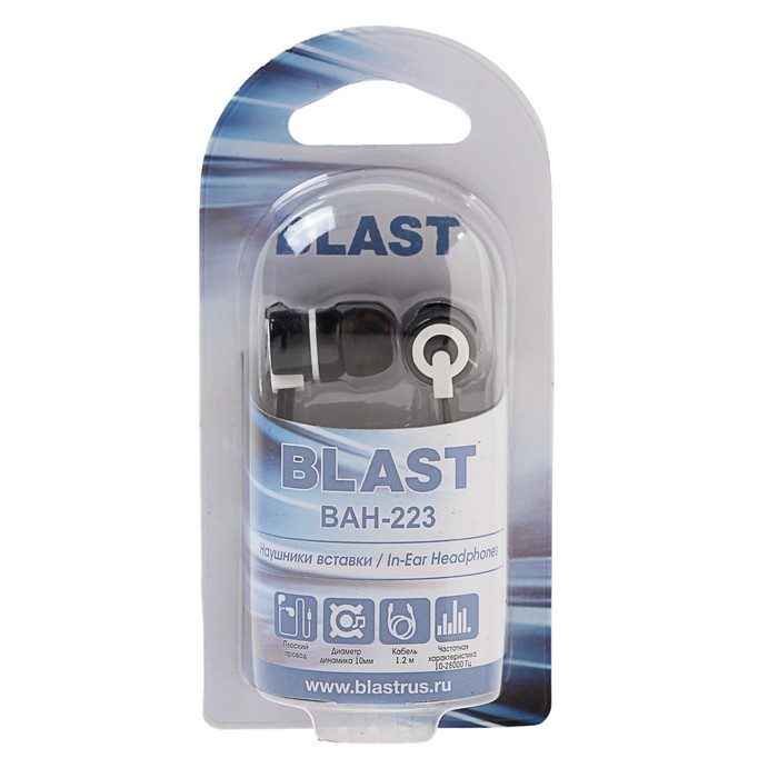 Наушники BLAST BAH-223, вакуумные, 10-28000 Гц, 32 Ом, 103 дБ, 3,5 мм, кабель 1,2 м, черные