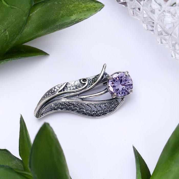 Брошь "Тюльпан", посеребрение, цвет лавандовый