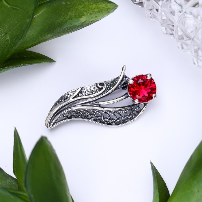 Брошь "Тюльпан", посеребрение, цвет красный