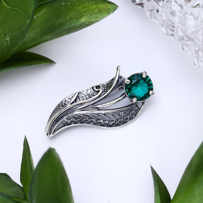Брошь "Тюльпан", посеребрение, цвет изумрудный