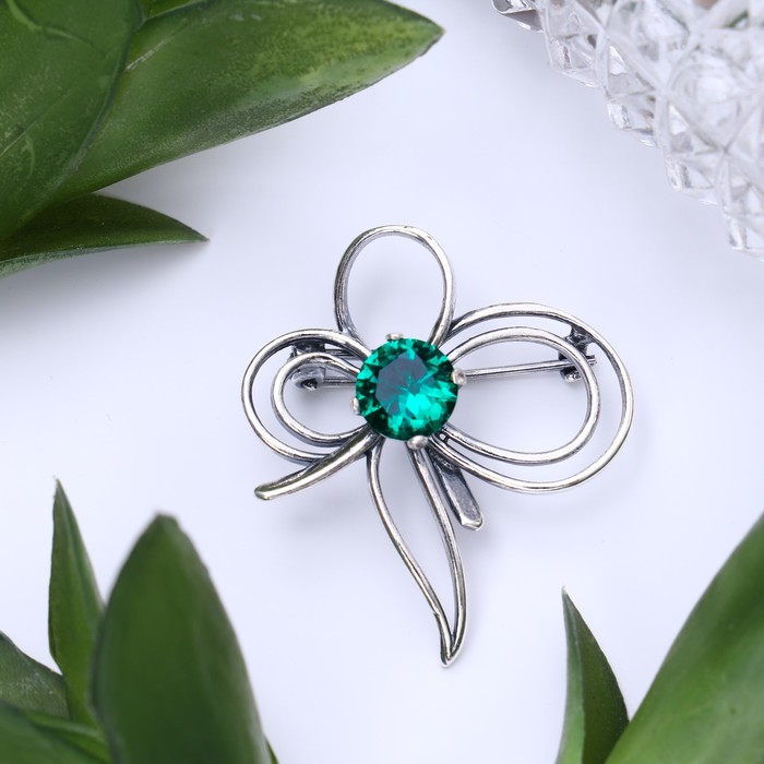 Брошь "Изумруд" бант, посеребрение