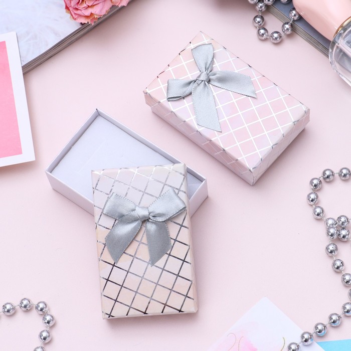 Коробочка подарочная под кулон,серьги,кольцо "Клетка перелив" 8*5*2,5см, цвет серый