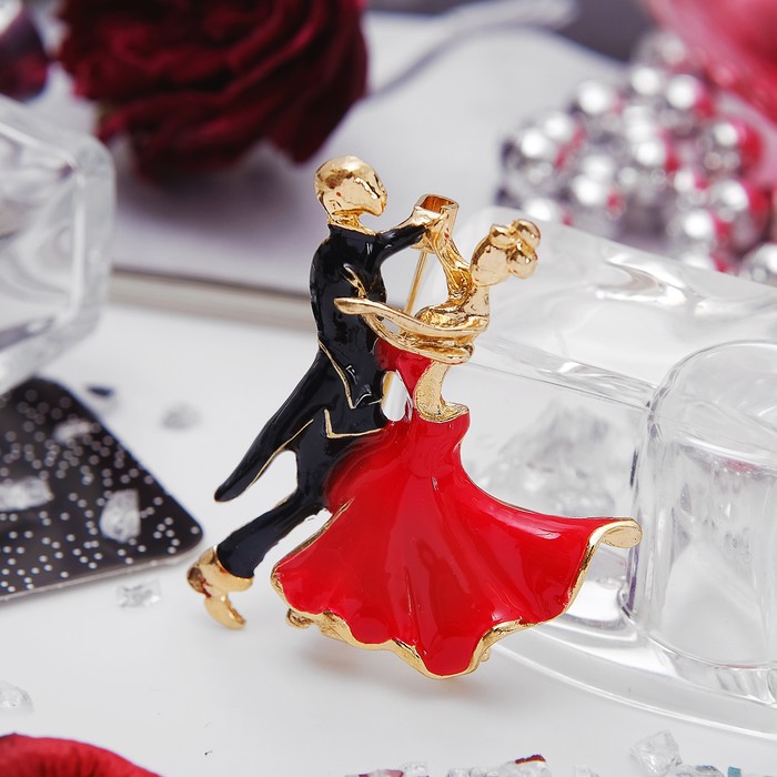 Брошь "Танго", цвет красно-черный в золоте