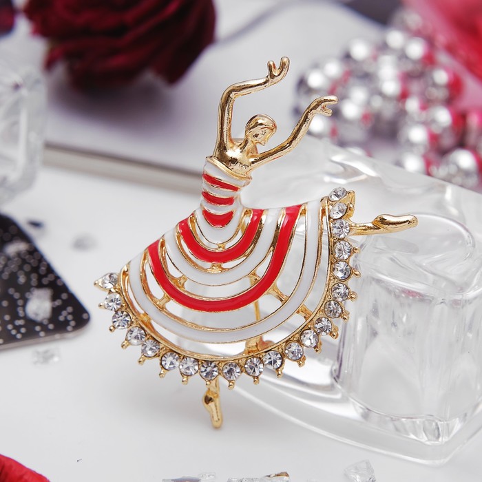 Брошь "Балерина" в полосатом платье, цвет красно-белый в золоте