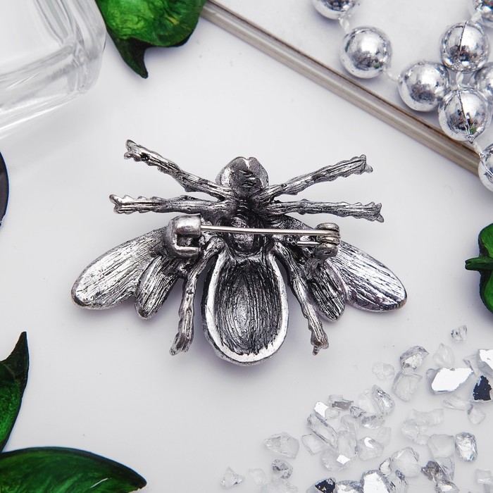 Брошь "Муха" цеце, цветная в черненом серебре