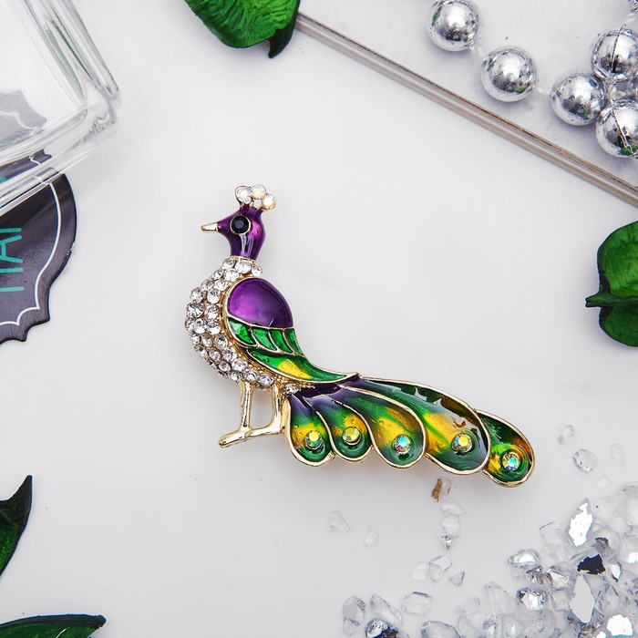 Брошь "Павлин" с маленьким хвостом, цвет фиолетово-зеленый в золоте