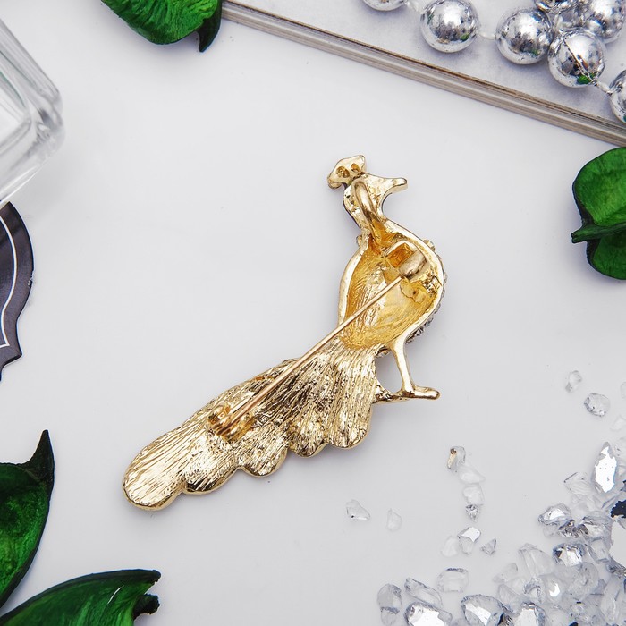 Брошь "Павлин" с маленьким хвостом, цвет фиолетово-зеленый в золоте