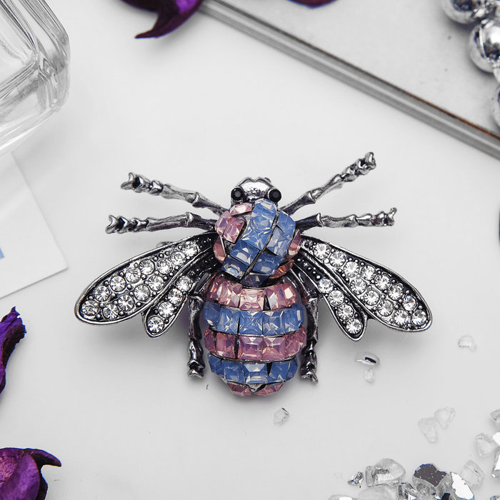 Брошь "Муха" с брюшком, цвет розово-голубой в черненом серебре