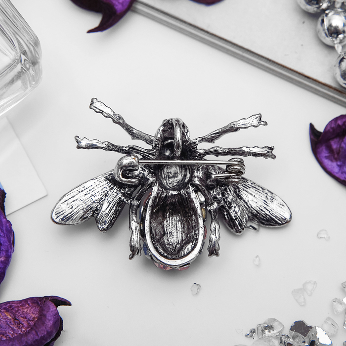 Брошь "Муха" с брюшком, цвет розово-голубой в черненом серебре