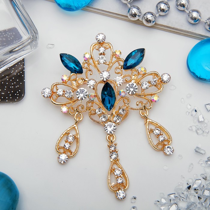 Брошь "Императрица" ажурная с подвесками, цвет бело-синий в золоте