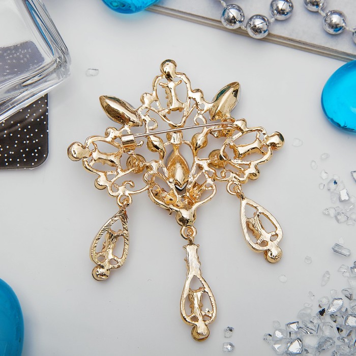 Брошь "Императрица" ажурная с подвесками, цвет бело-синий в золоте