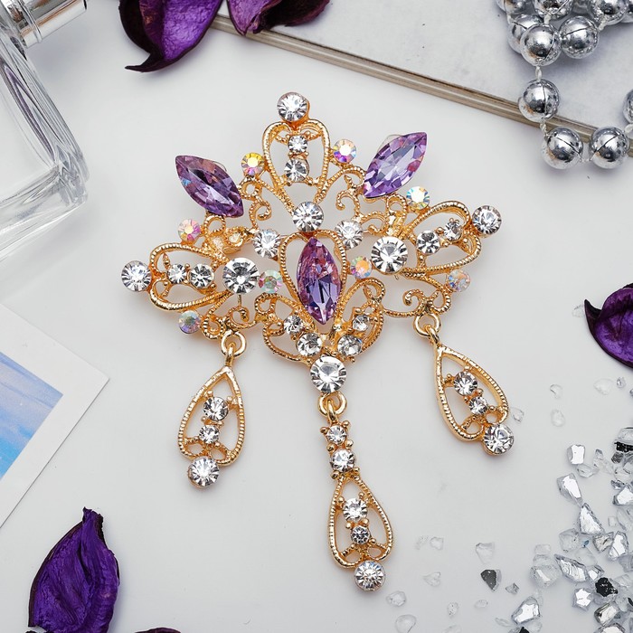 Брошь "Императрица" ажурная с подвесками, цвет бело-фиолетовый в золоте