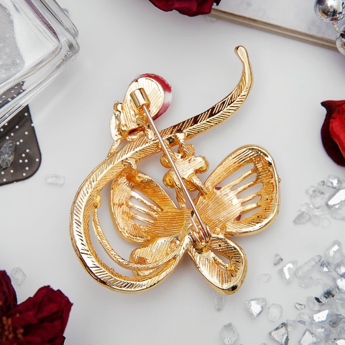 Брошь "Бабочка" с бутоном, цвет бело-красный в золоте