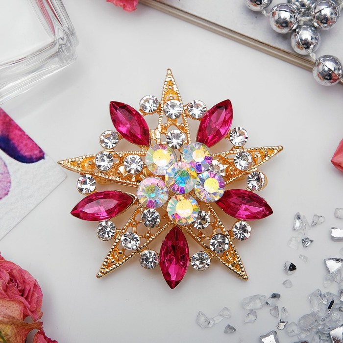 Брошь "Цветок" в росе, цветной в золоте