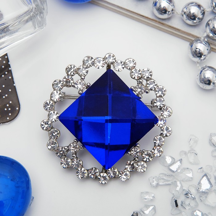 Брошь "Квадрат", цвет бело-синий в серебре