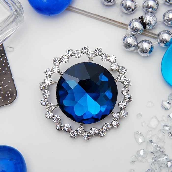 Брошь "Круг", цвет бело-синий в серебре