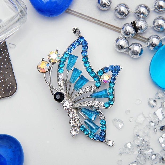 Брошь "Бабочка" хамелеон, цвет радужно-голубой в серебре