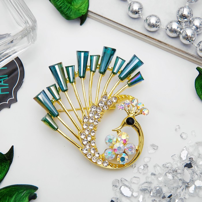 Брошь "Павлин" с большим хвостом, цвет бело-зеленый в золоте