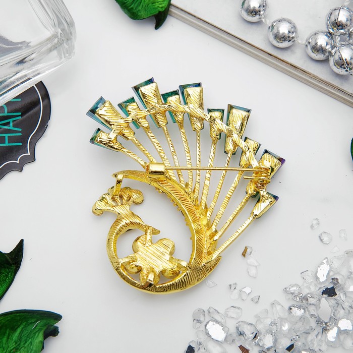 Брошь "Павлин" с большим хвостом, цвет бело-зеленый в золоте