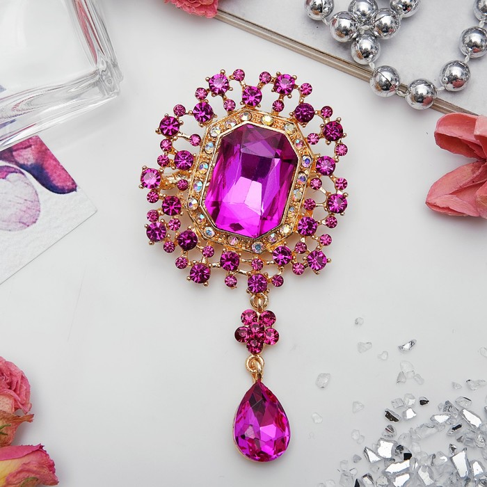 Брошь "Императрица" прямоугольник с подвеской, цвет розовый в золоте