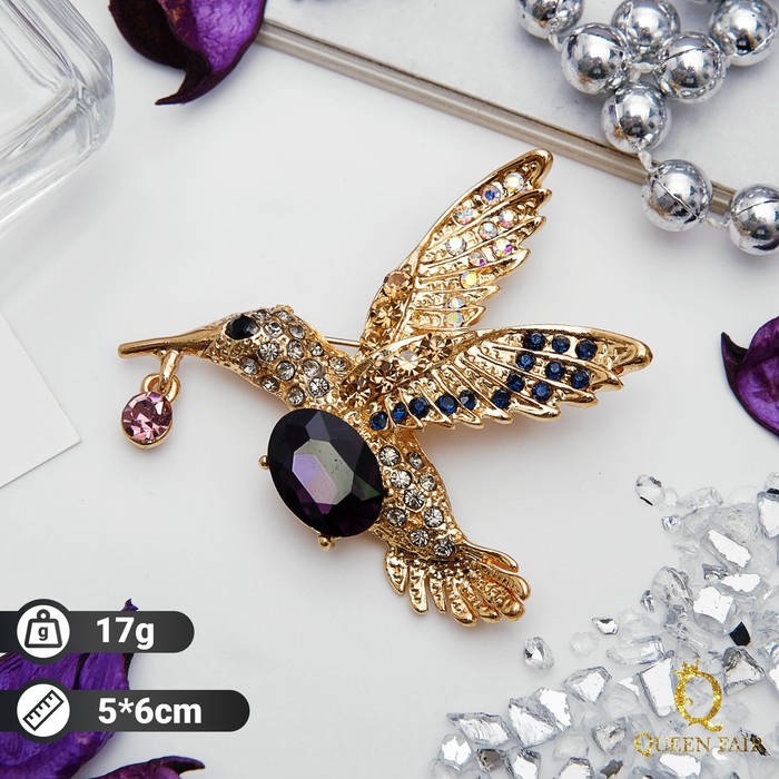 Брошь &quot;Колибри&quot; с подвеской, цвет радужно-синий в золоте