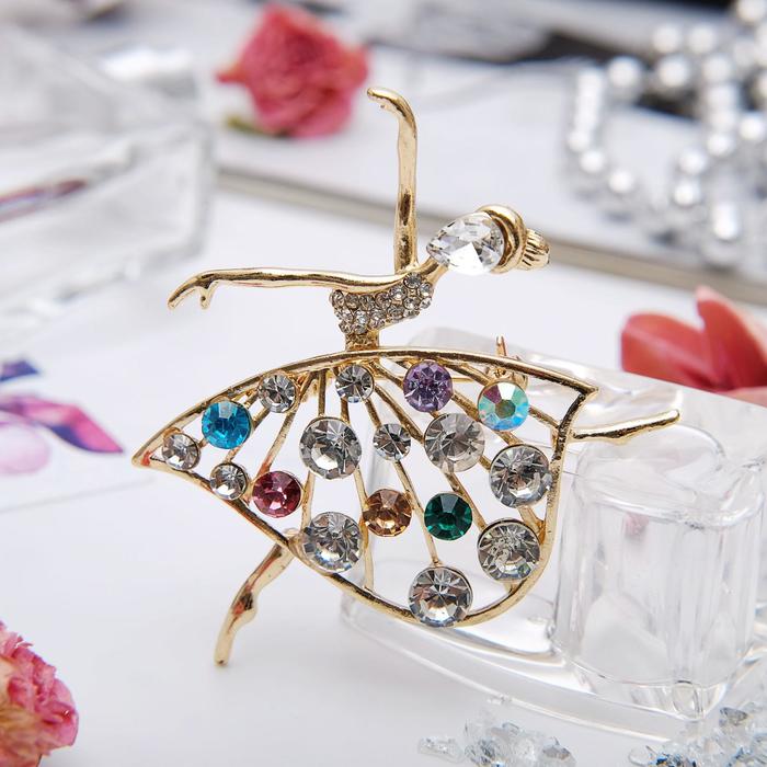 Брошь &quot;Балерина&quot; в платье, цветная в золоте