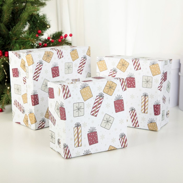 Набор коробок 3в1 &quot;Подарки белые&quot;, 19,5 х 19,5 х 11 - 15,5 х 15,5 х 9 см