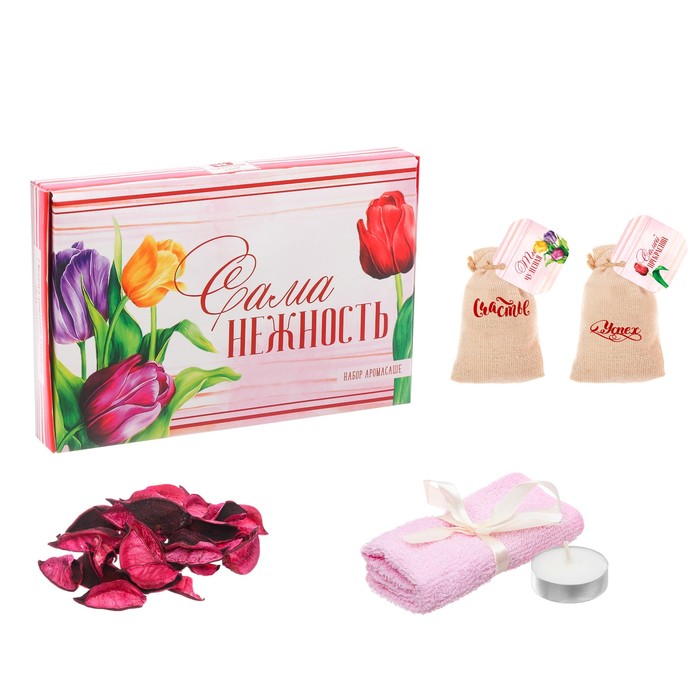 Набор: 2 мешочка аромасаше, сухоцветы, свеча и полотенце "Сама нежность"