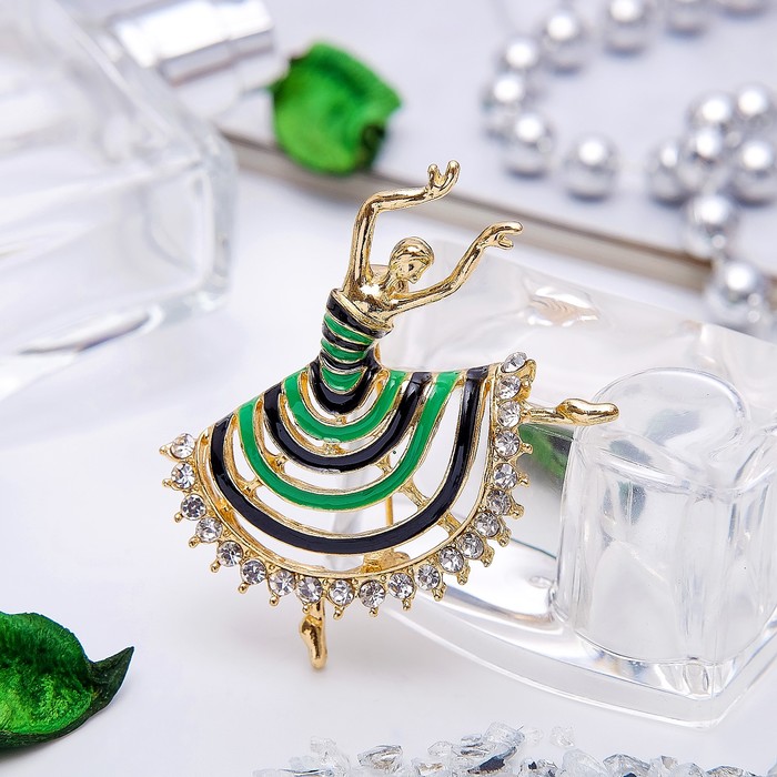 Брошь "Балерина" в полосатом платье, цвет сине-зеленый в золоте