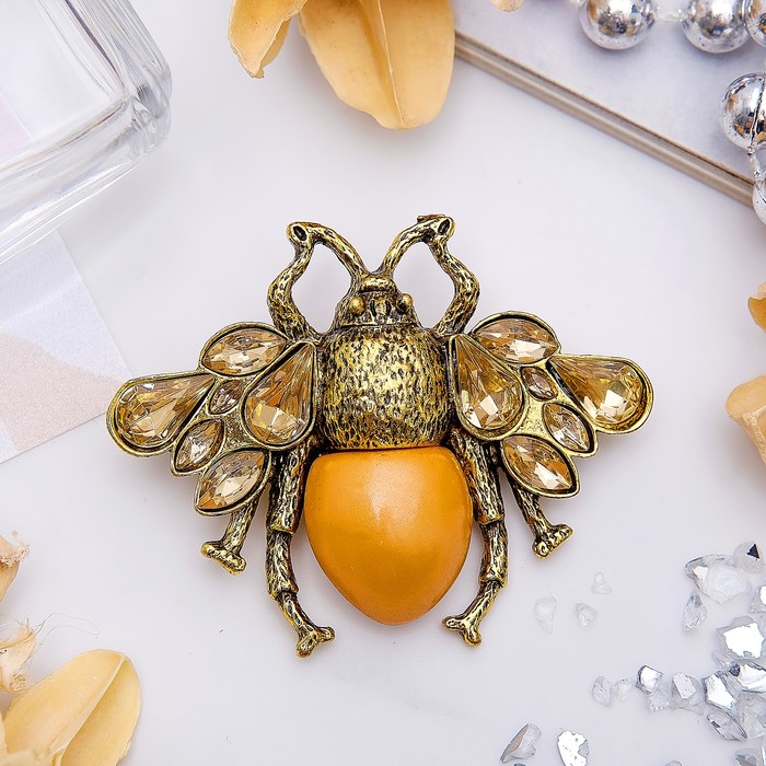 Брошь "Муха" крупная, цвет коричневый в черненом золоте