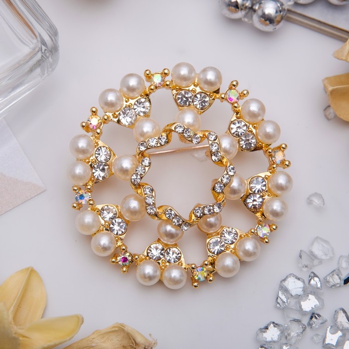 Брошь "Венок жемчужный" бусинки, цвет белый в золоте