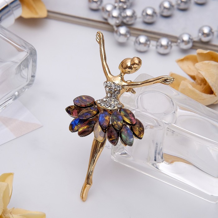 Брошь "Балерина" двойная пачка, цвет бело-зеленый в золоте