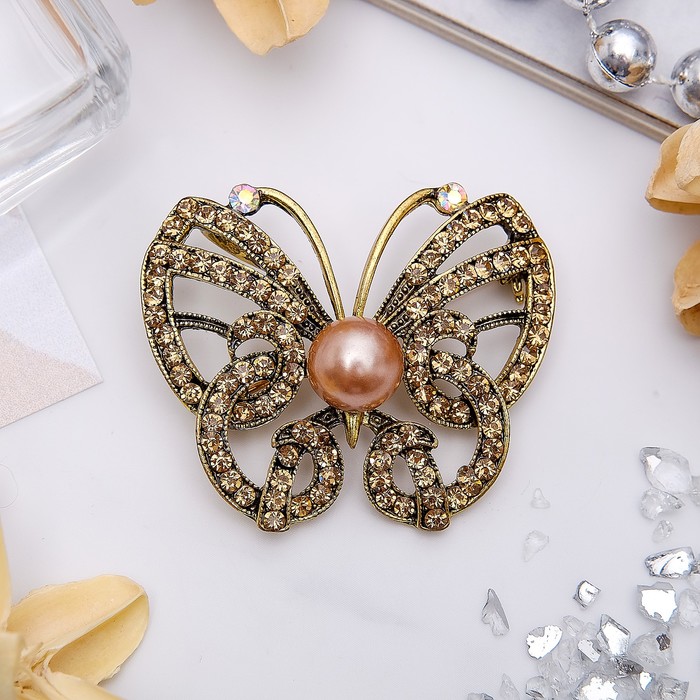 Брошь "Бабочка" браун, цвет коричневый в черненом золоте