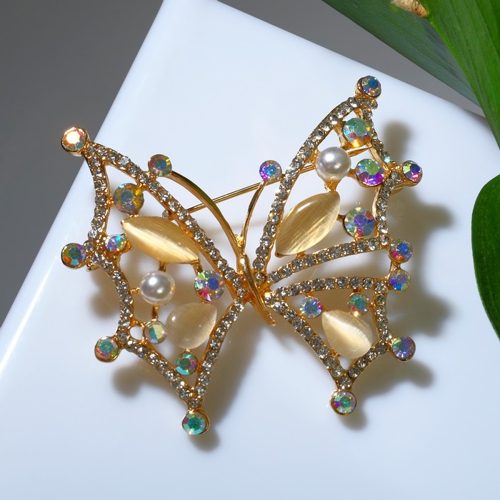 Брошь "Бабочка" перламутровка, цвет радужный в золоте