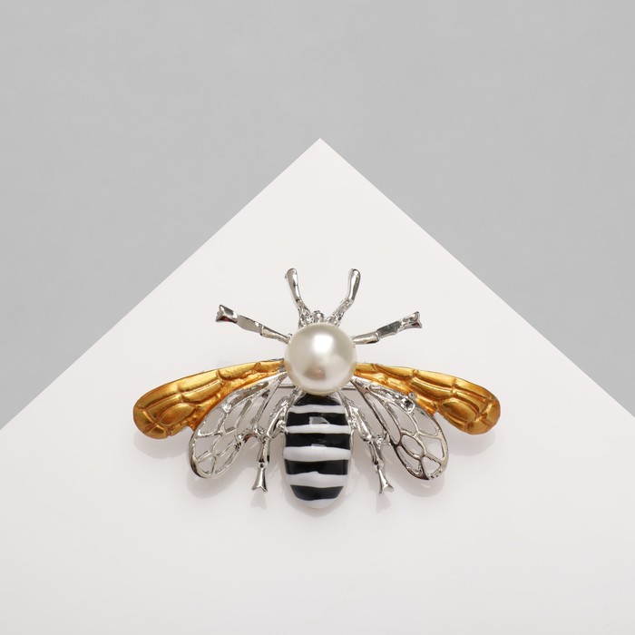 Брошь «Пчела» крупная, цвет чёрно-белый в серебре брошь скелет с цепочкой цвет чёрно белый в серебре