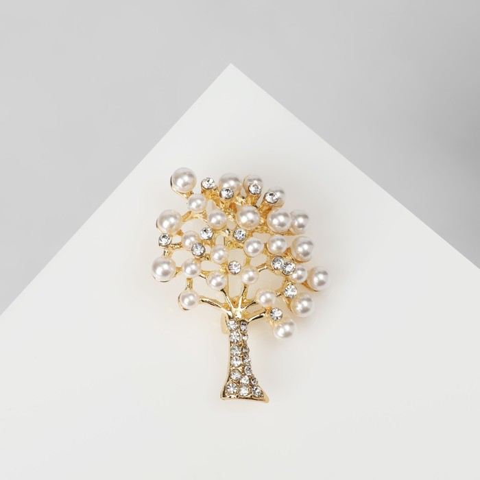 Брошь «Дерево заснеженное» с жемчугом, цвет белый в золоте