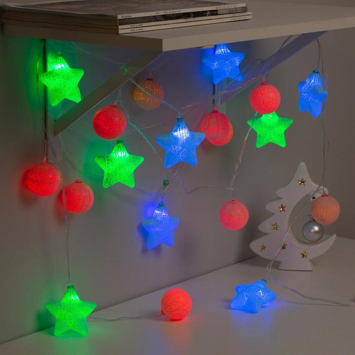 НИТЬ, 4м. с насад. “Звезда и шарик 2”, Н.С. LED-20-220V, 8 режимов, МУЛЬТИ