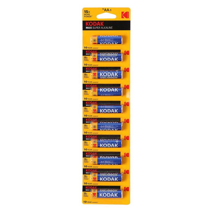 Батарейка алкалиновая Kodak Max, AA, LR6-10BL, 1.5В, отрывной блистер, 10 шт. батарейка алкалиновая kodak max aa lr6 24box 1 5в бокс 24 шт kodak 2478480