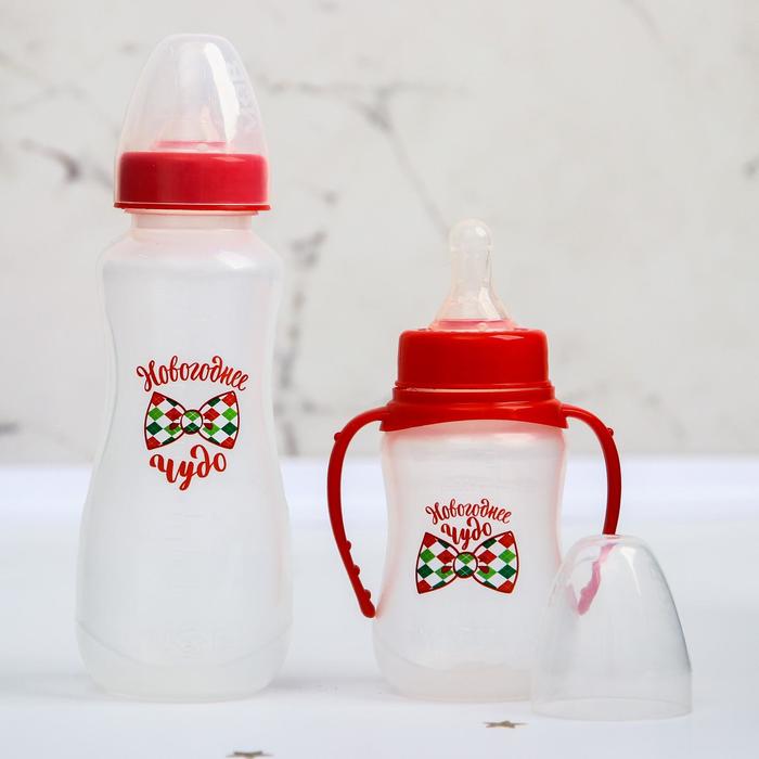 Набор бутылочек для кормления "Новогоднее чудо" 150 и 250 мл, приталенные, цвет красный