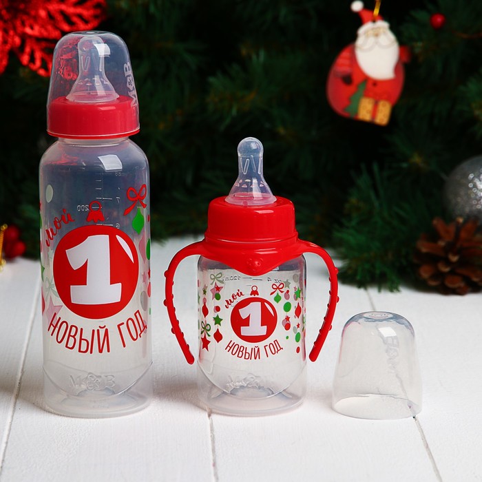 Набор бутылочек для кормления "Первый Новый год" 150 и 250 мл, прямые, цвет красный