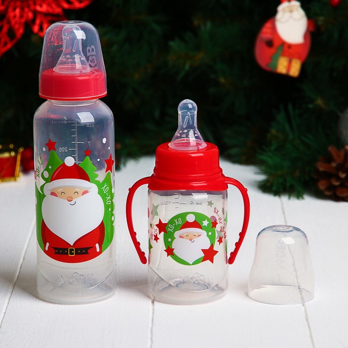 Набор бутылочек для кормления "Дед Мороз" 150 и 250 мл, прямые, цвет красный