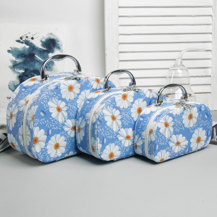 Набор косметичек 3 в 1 «Ромашки», отдел на молнии, зеркало, цвет голубой