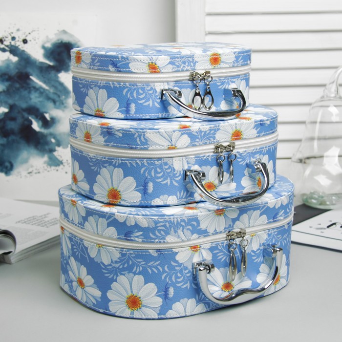 Набор косметичек 3 в 1 «Ромашки», отдел на молнии, зеркало, цвет голубой