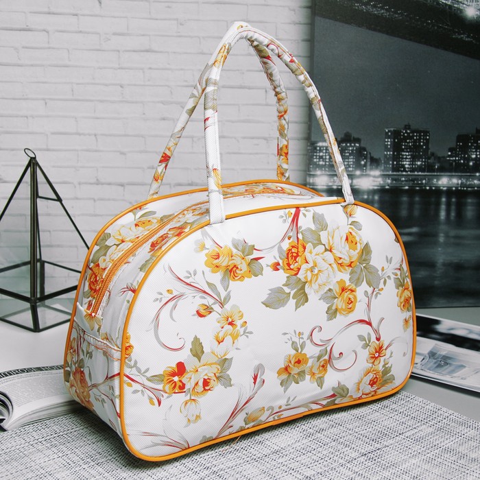 Косметичка-сумочка «Розы», отдел на молнии, ручки, цвет белый/оранжевый