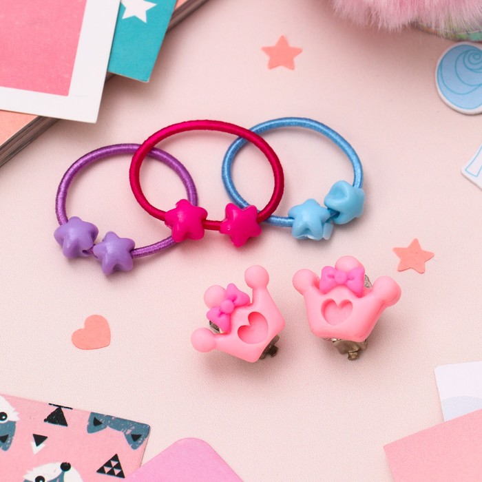 Набор детский "Выбражулька" 4 предм: 3 резинки, клипсы, звездочки, цвет МИКС